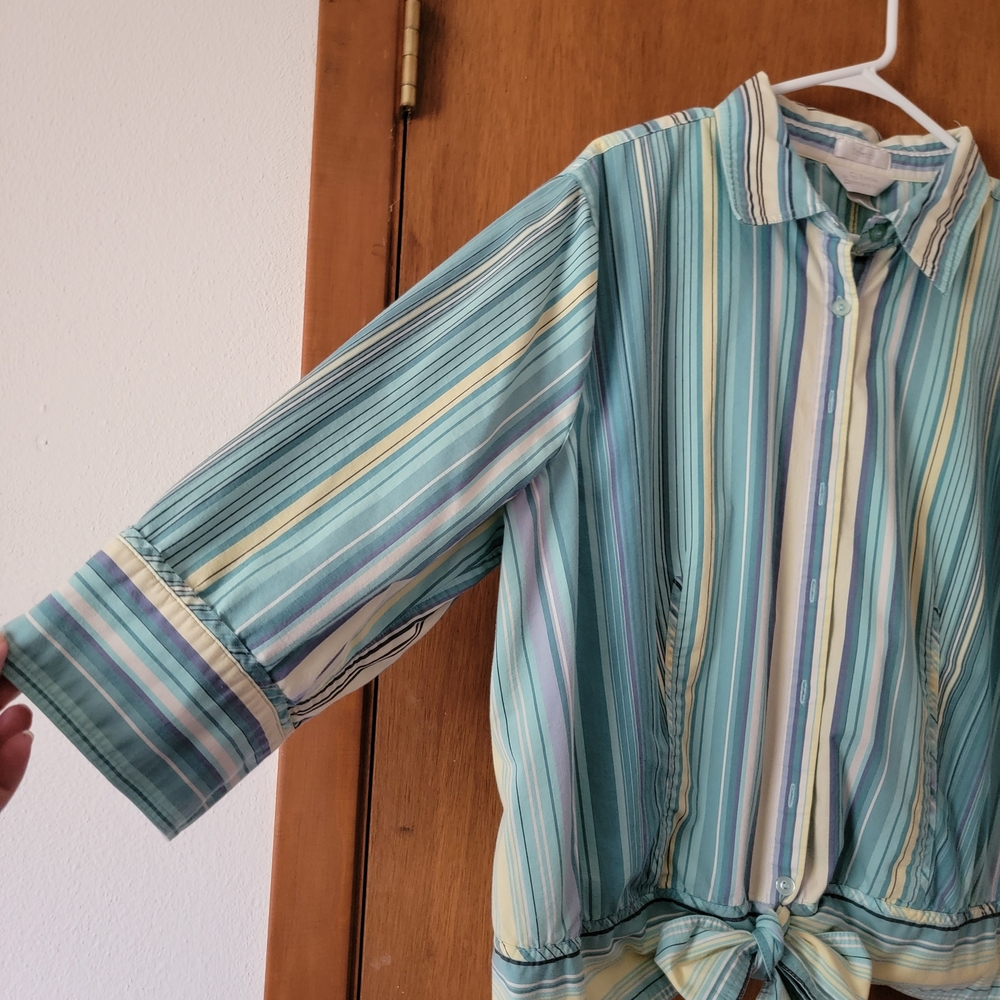CJ Banks Turquoise, Yellow Stripe Button Down Tie Hem Blouse Plus Size 2X - Picture 3 of 12